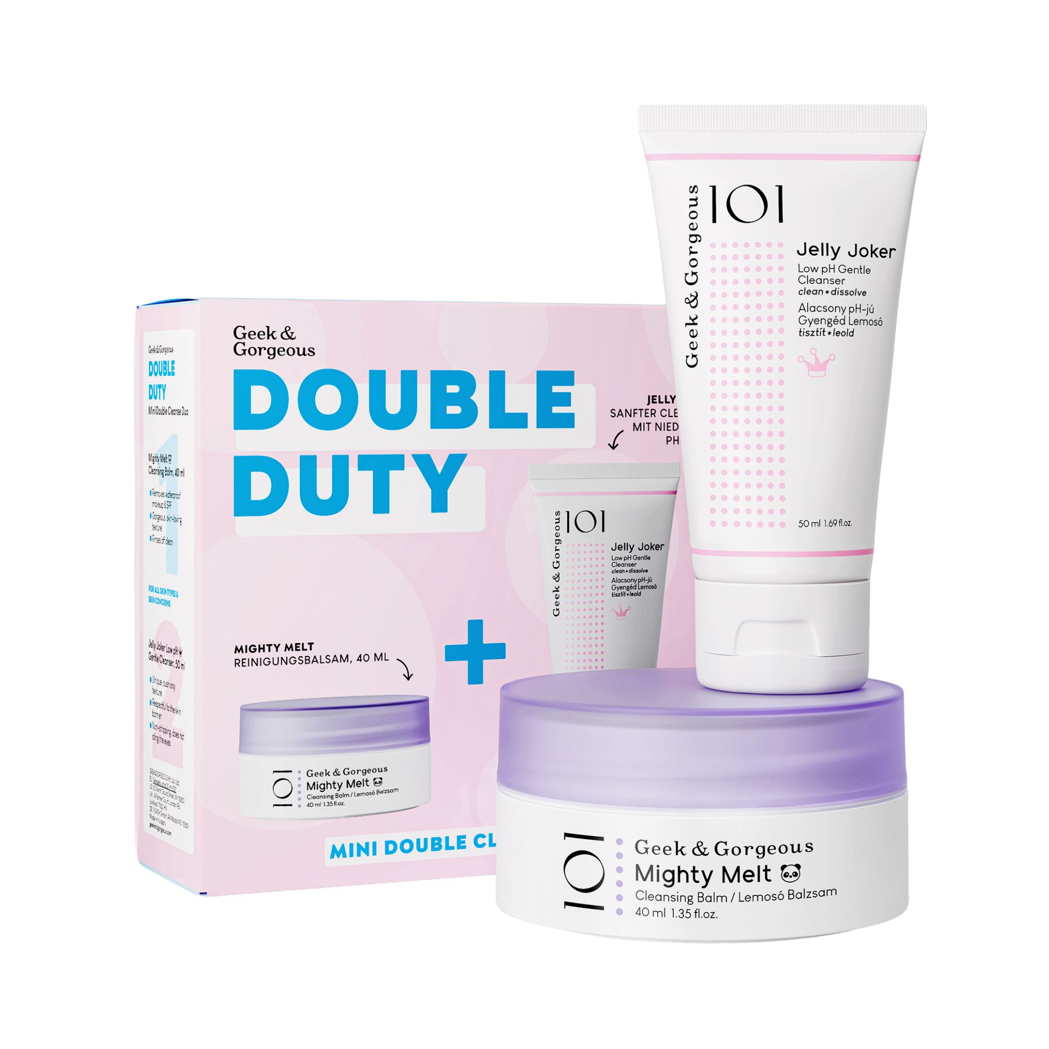 Geek & Gorgeous Double Duty Set. Enthält Reinigungsbalsam, Gesichtsreiniger und Jelly Joker. Rosa-weiße Verpackung mit Produktnamen.