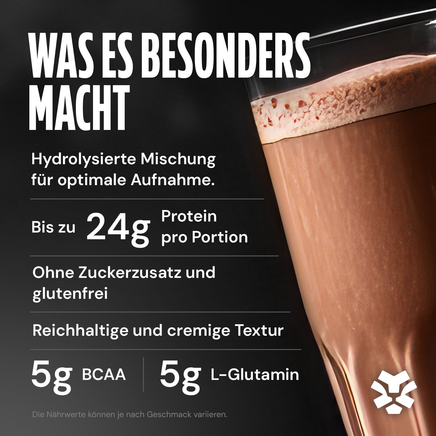 Glas mit Proteinshake, enthält 24g Protein pro Portion, ohne Zuckerzusatz.