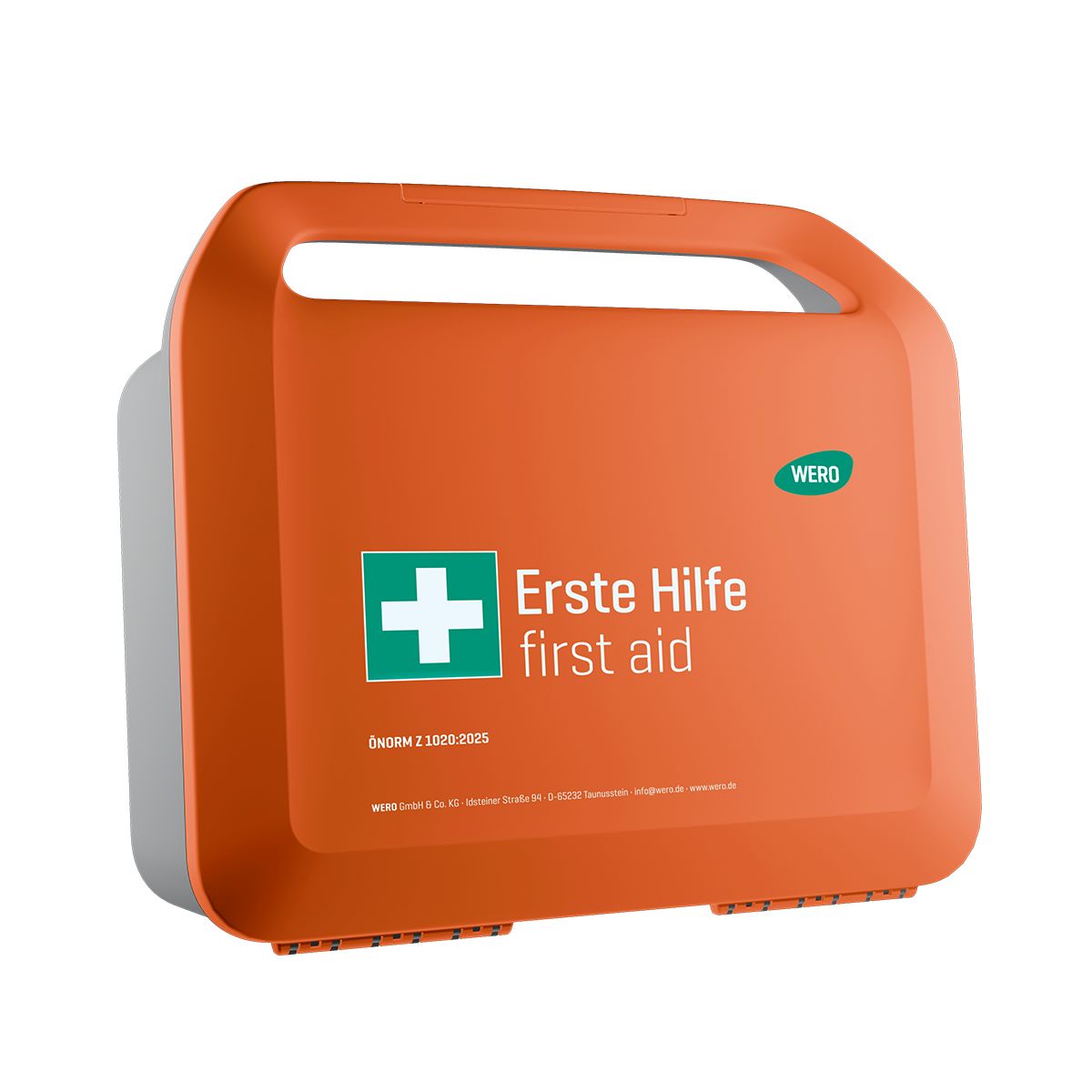Orange Erste-Hilfe-Koffer, leicht schräg. Grünes Kreuz, Text: Erste Hilfe, ÖNORM Z 1020:2025, WERO Logo.