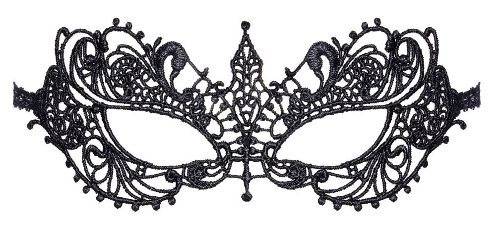 Schwarze Augenmaske aus Spitze. Die Maske bedeckt die Augenpartie und ist mit floralen Mustern verziert.