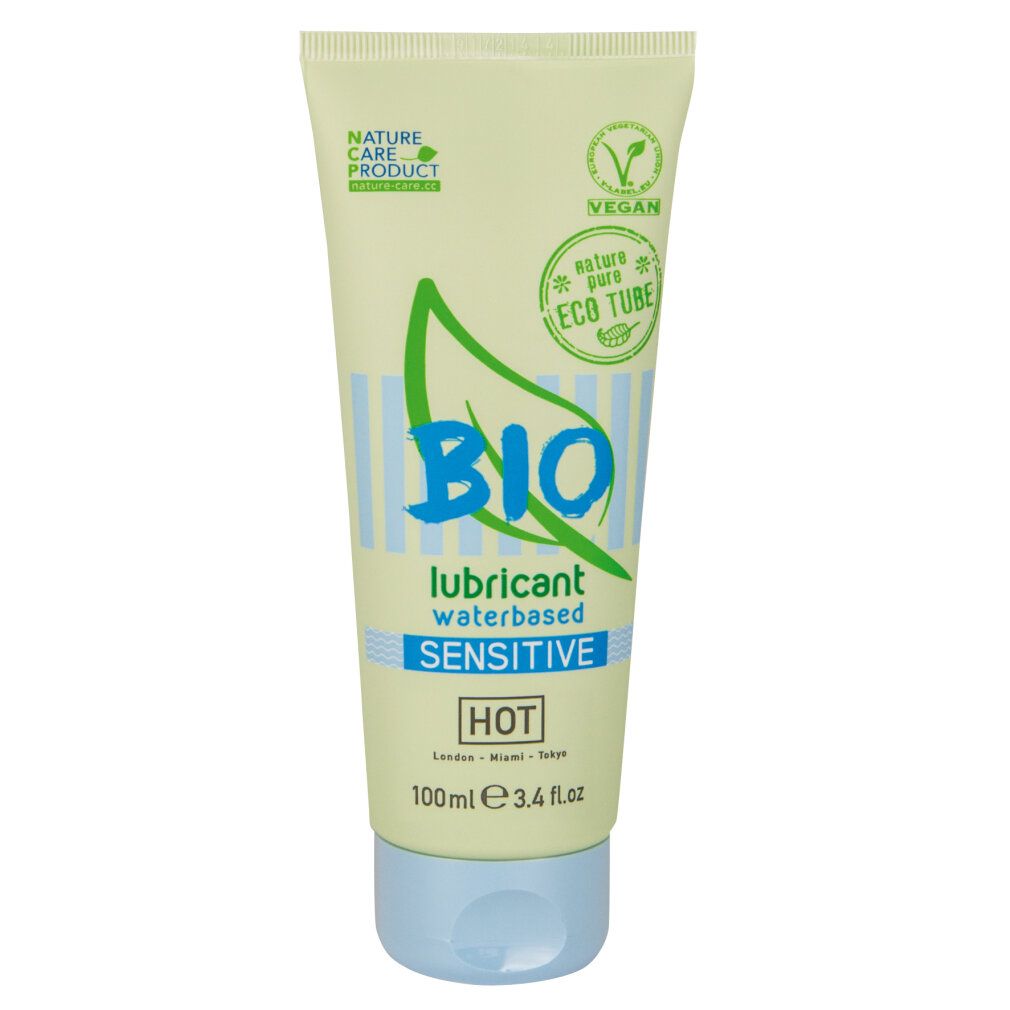 Tube mit Produktnamen BIO, Aufschrift 'SENSITIVE'. Grün-weißes Design, blaue Schrift. Vegan-Siegel.