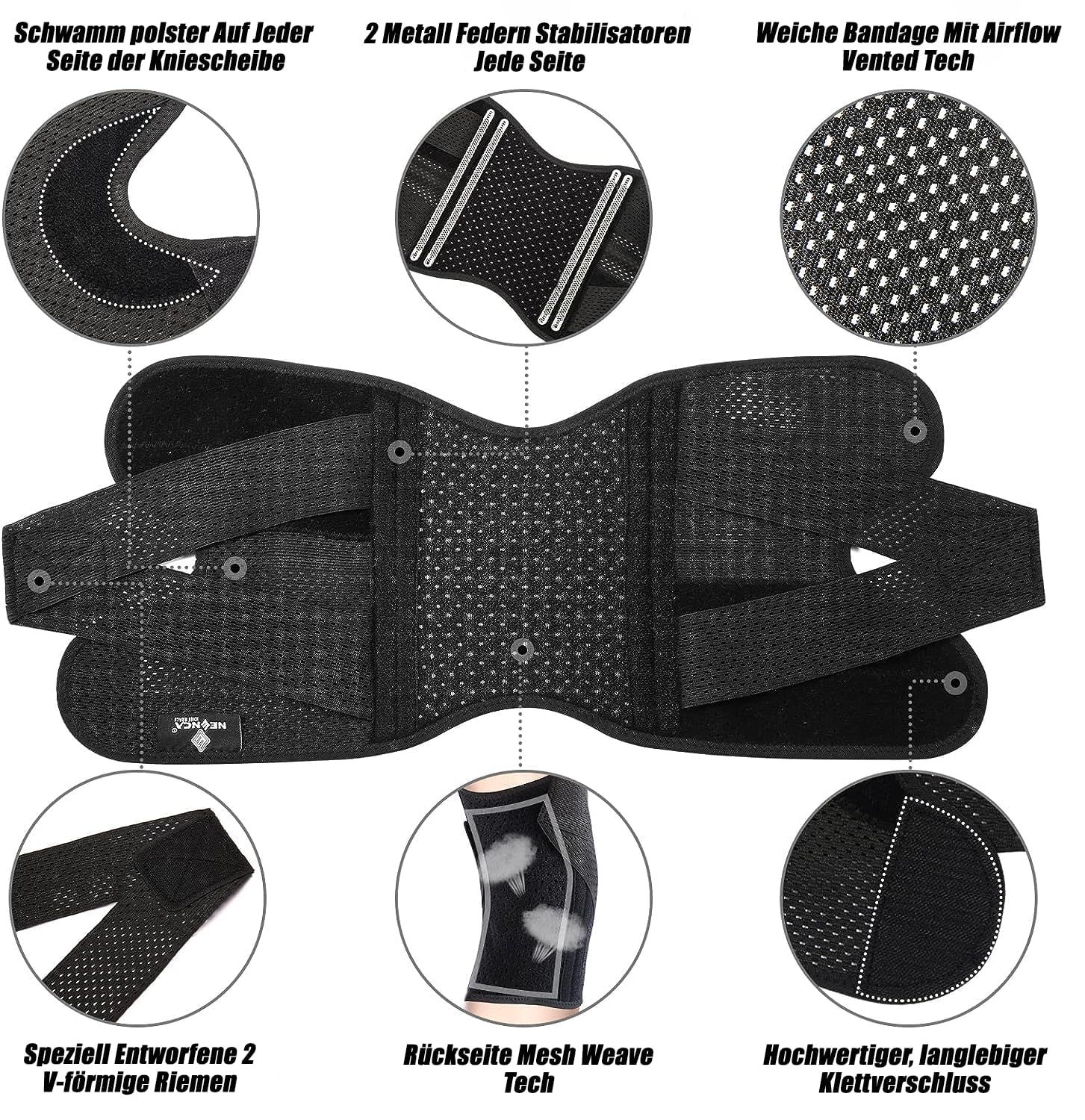 Schwarze Kniebandage mit zwei Metallfederstabilisatoren, weicher Bandage und V-förmigen Riemen.