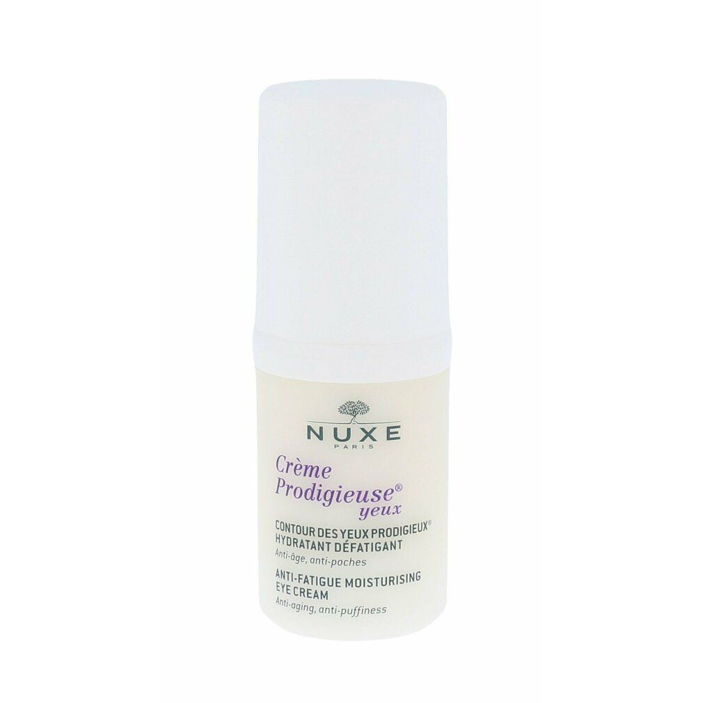 Zylinderförmige Flasche mit weißem Deckel. Aufschrift: NUXE, Crème Prodigieuse yeux, Anti-Fatigue Moisturising Eye Cream.