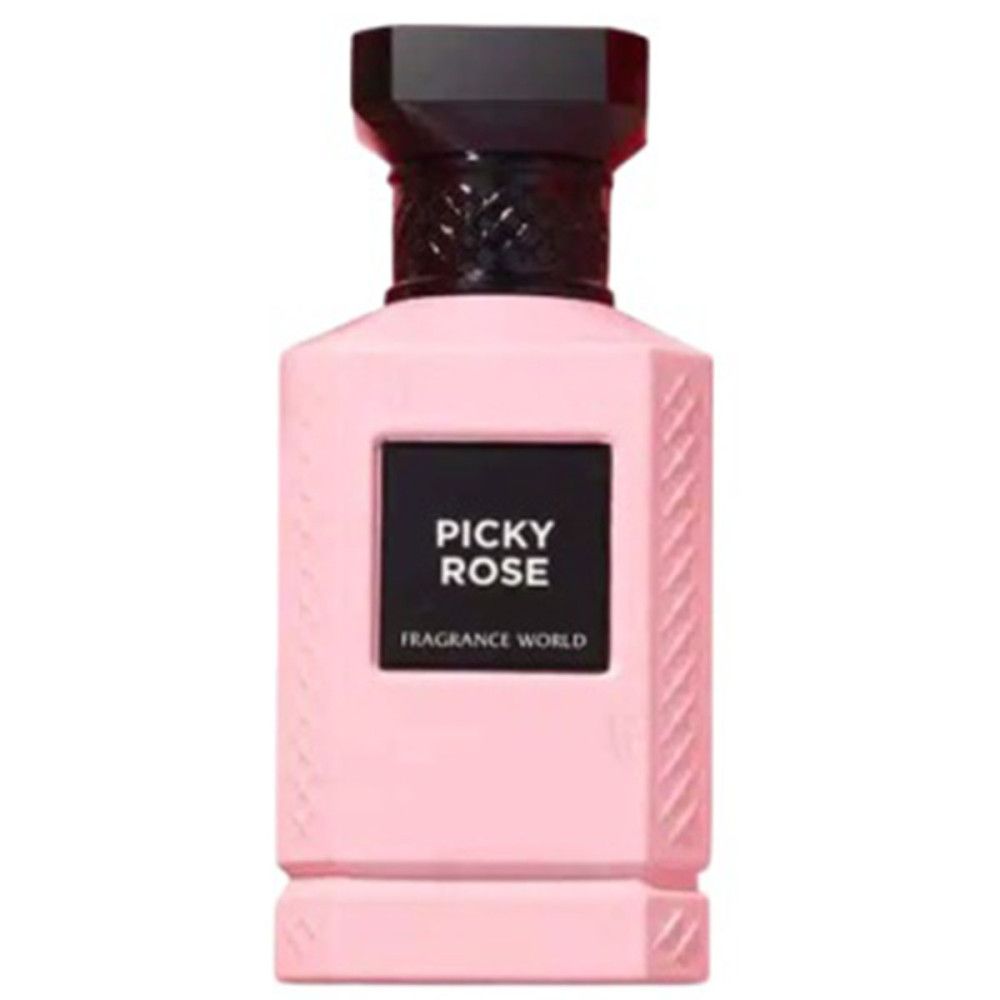 Rosa Flakon mit schwarzem Deckel. Aufschrift Picky Rose und Fragrance World. Eau de Parfum.