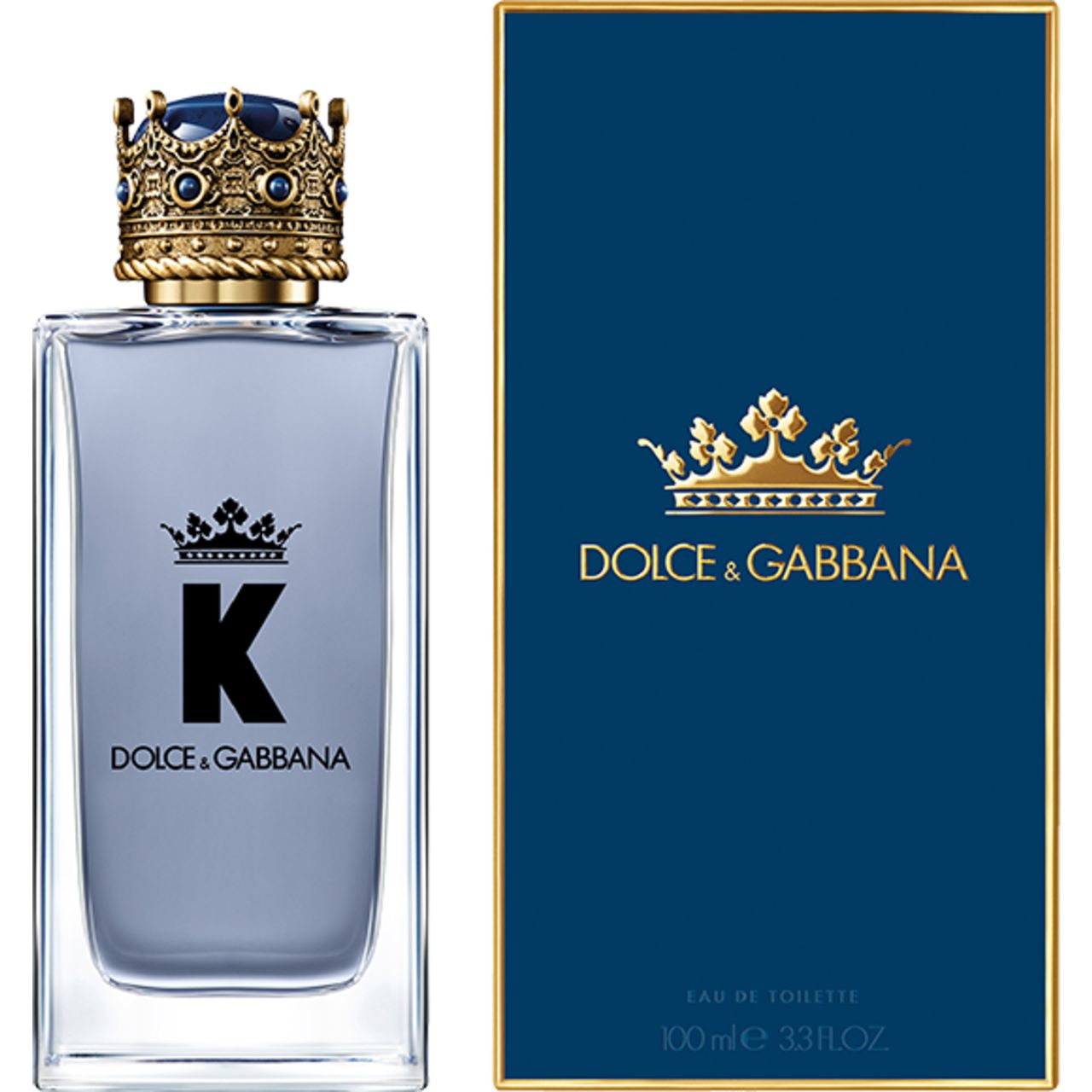 Flakon und Verpackung von K by Dolce & Gabbana. Rechteckiger Flakon mit Kronenkappe. Blaue Verpackung mit goldenem Logo.