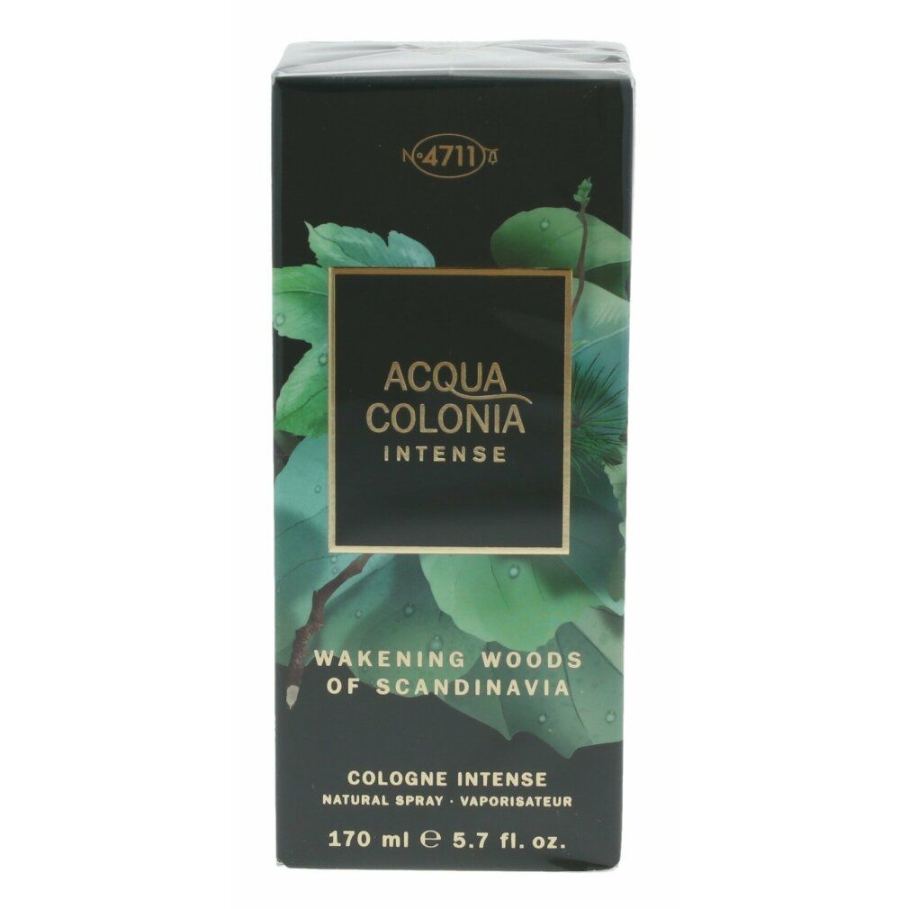 Kartonverpackung mit Blättern. Schwarzes Etikett mit goldener Schrift: ACQUA COLONIA INTENSE, WAKENING WOODS OF SCANDINAVIA. 170 ml.