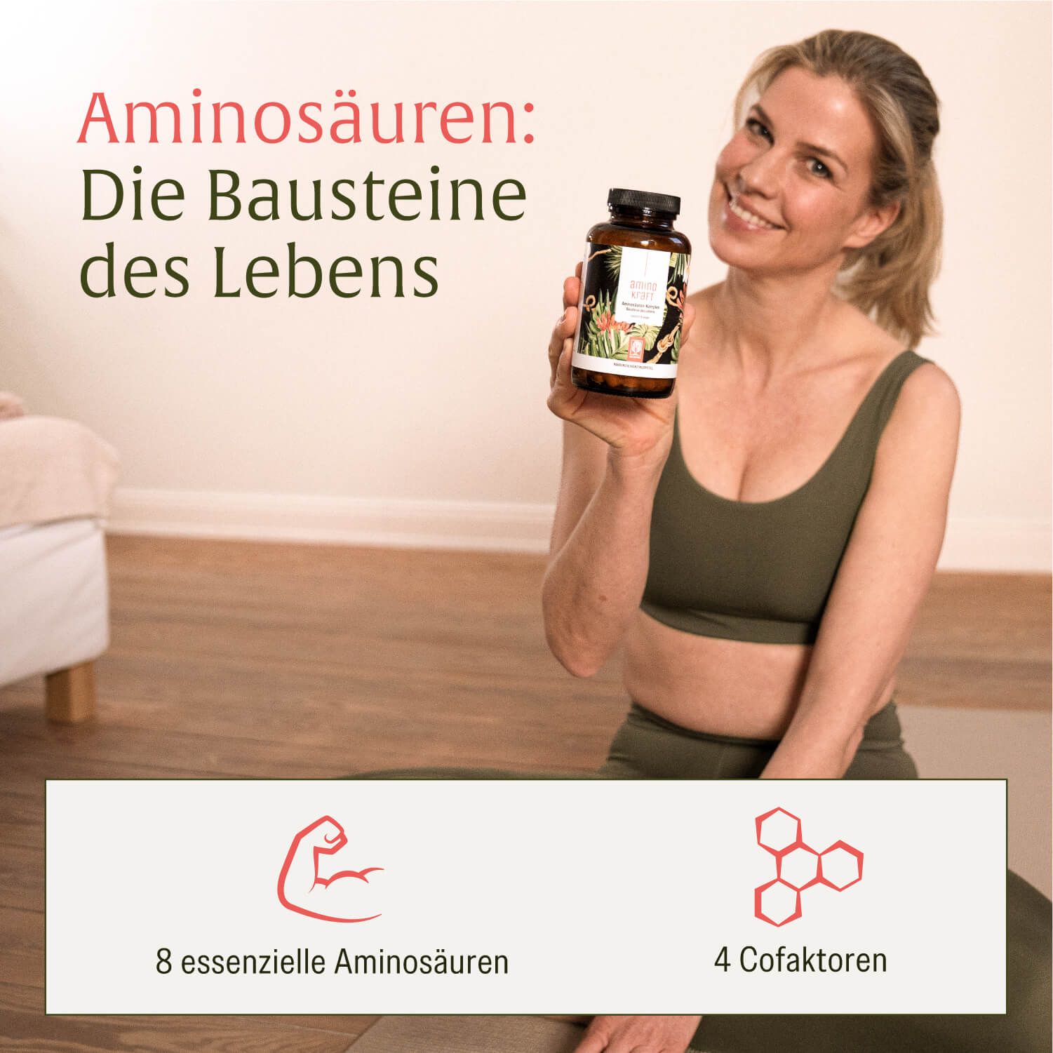 Frau hält Flasche des Aminosäuren-Komplex EAA; Symbole für 8 Aminosäuren & 4 Cofaktoren.