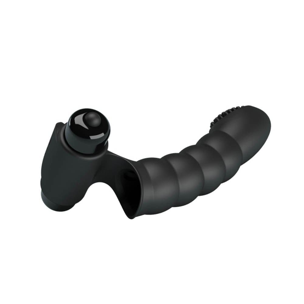 Schwarzer Pretty Love Alexander Vibrator, schräg von hinten, mit geripptem Griff und Noppen.