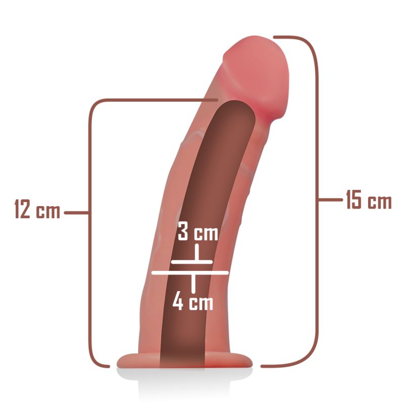 Rosa Penis-Aufsatz mit Maßangaben: 12 cm hoch, 15 cm lang, 3 cm und 4 cm Durchmesser.