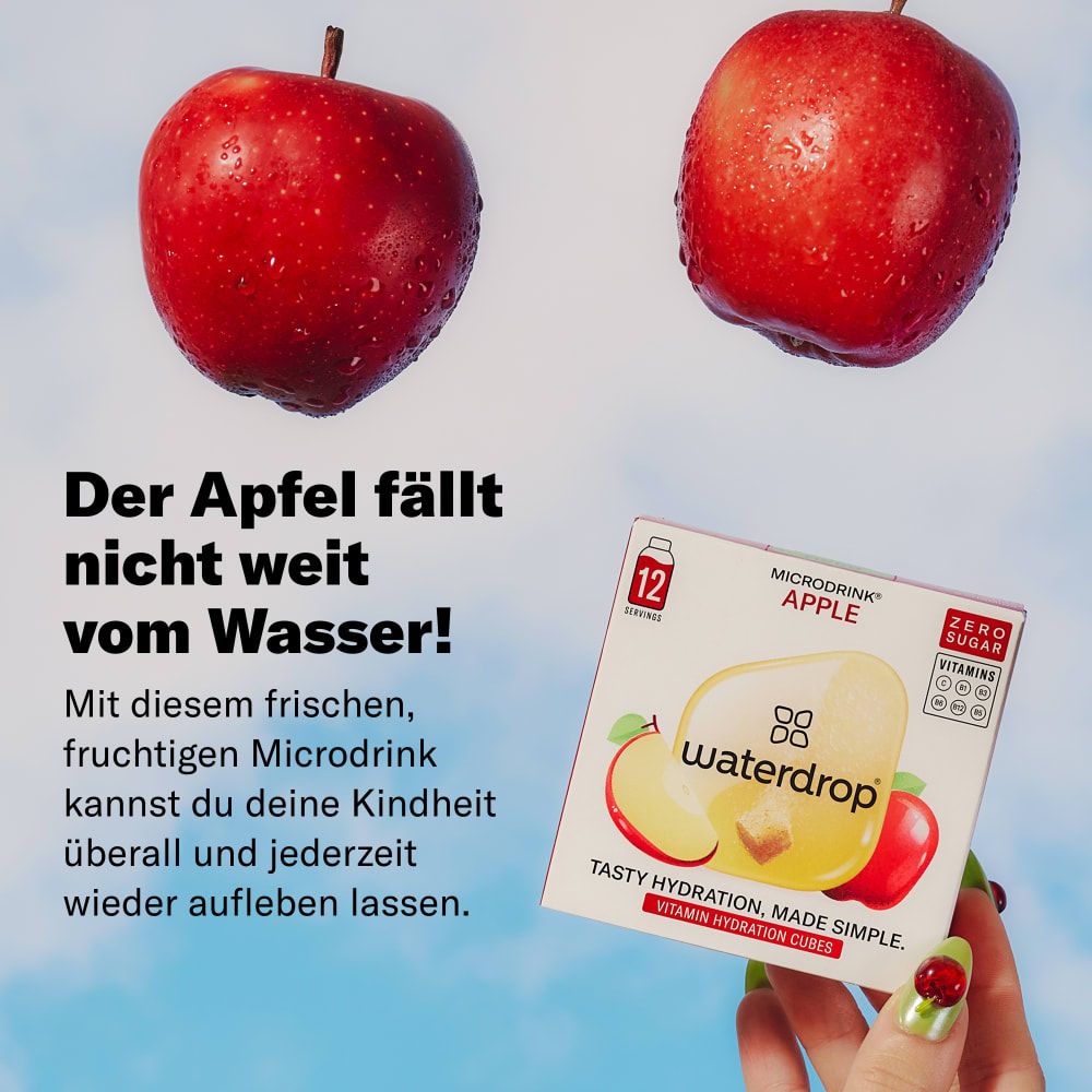 Zwei Äpfel und eine Packung waterdrop® Microdrink Apfel mit 12 Portionen.