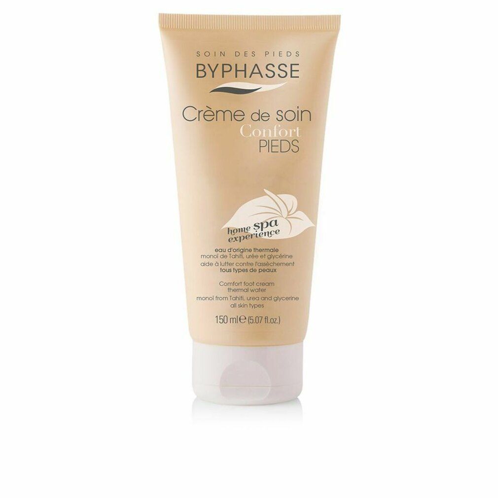 Creme-Tube. Marke Byphasse. Text: Crème de soin PIEDS, Comfort foot cream. Weiße Kappe. Beige Tube mit floralem Logo.