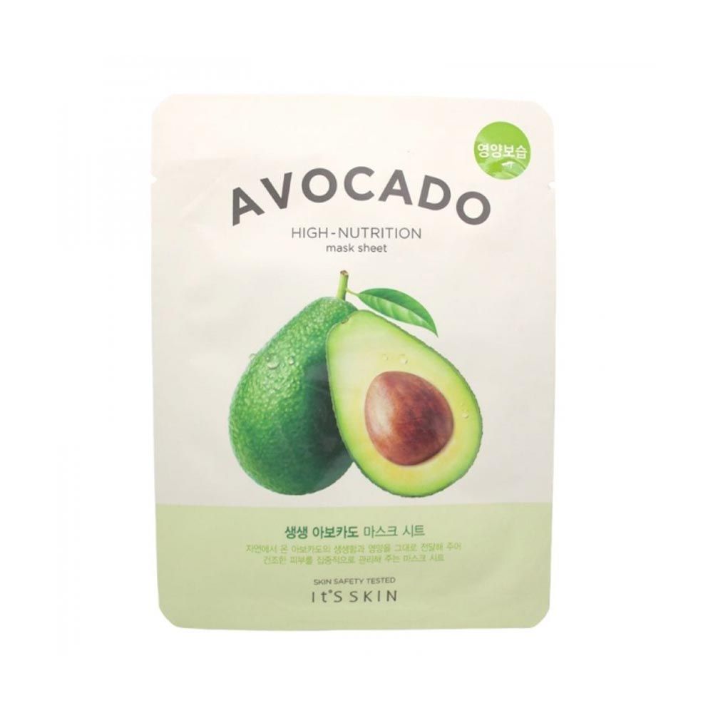 Gesichtsmaske mit Avocado-Illustration. Text: Avocado, High-Nutrition, It's Skin.