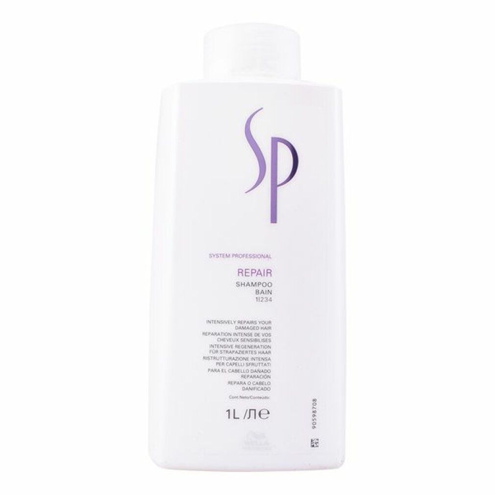 Weißes Shampoo-Flakon mit lila SP-Logo. Text: Repair Shampoo, 1L. Flakon mit weißem Deckel.