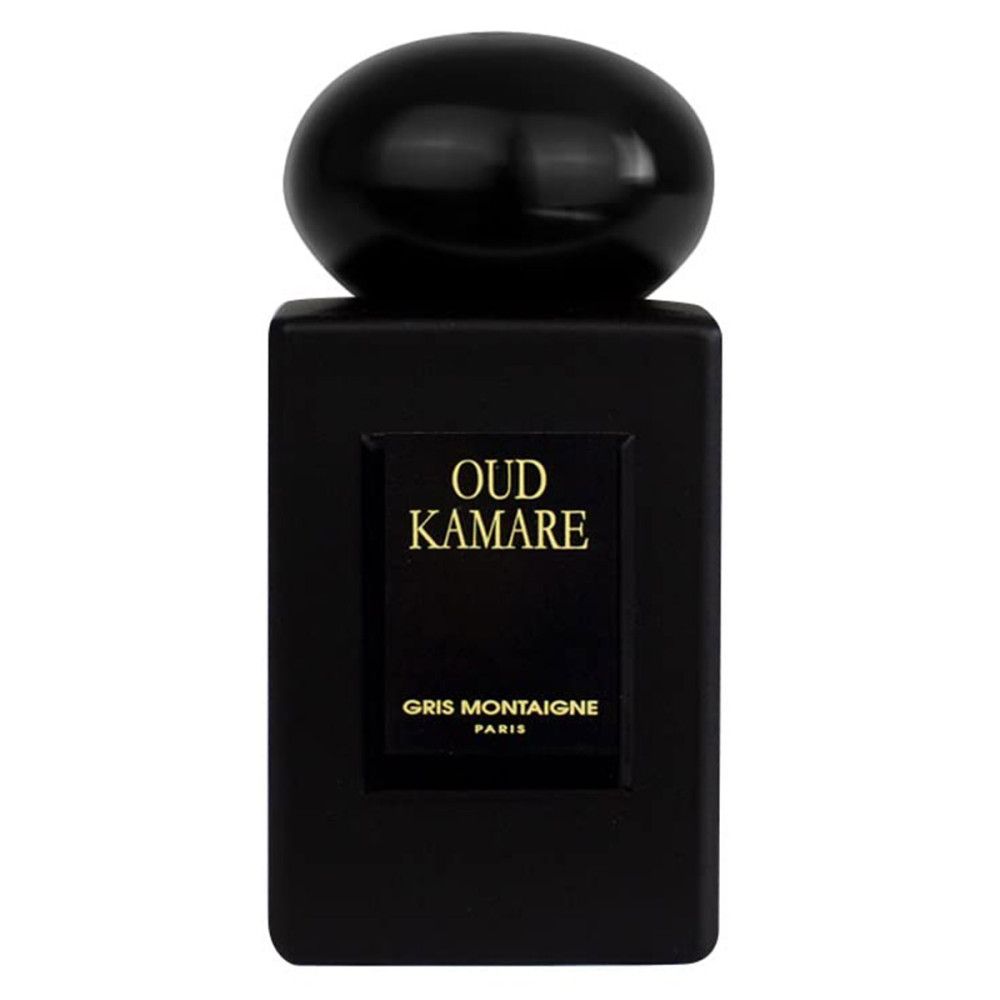 Dunkelgraue Flasche mit schwarzem Verschluss. Aufschrift "Oud Kamare" und "Gris Montaigne Paris".