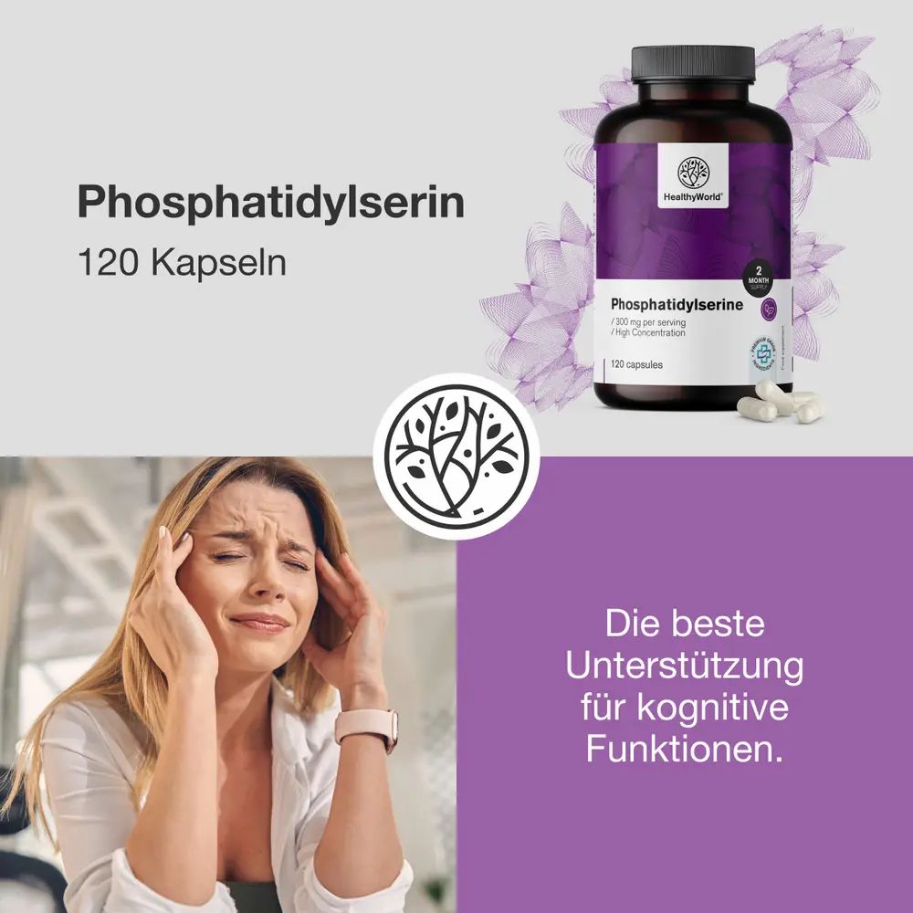 Frau mit Kopfschmerzen, daneben Text: "Beste Unterstützung für kognitive Funktionen". Flasche Phosphatidylserin.