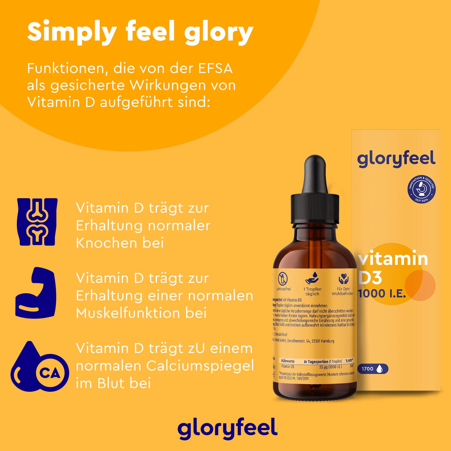 Braune Flasche mit Tropfer und gelber Verpackung. Text: Vitamin D3 1000 I.E. und gloryfeel. Text über Wirkungen von Vitamin D.