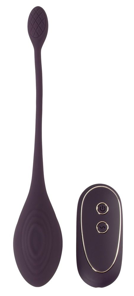 Lila Love Ball mit Fernbedienung. Die Love Ball hat eine längliche Form. Die Fernbedienung hat zwei Knöpfe.