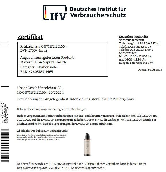 Zertifikat des Deutschen Instituts für Verbraucherschutz. Produktabbildung: Flasche. Angaben: Sápura Health, Narbensalbe.