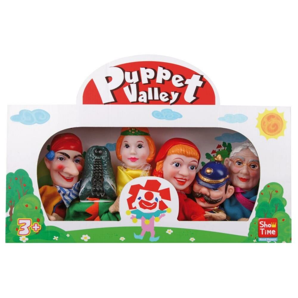Sechs Kasperfiguren im Karton. Puppenköpfe mit Gesichtern. Verpackung mit "Puppet Valley"-Logo und "Show Time"-Label.