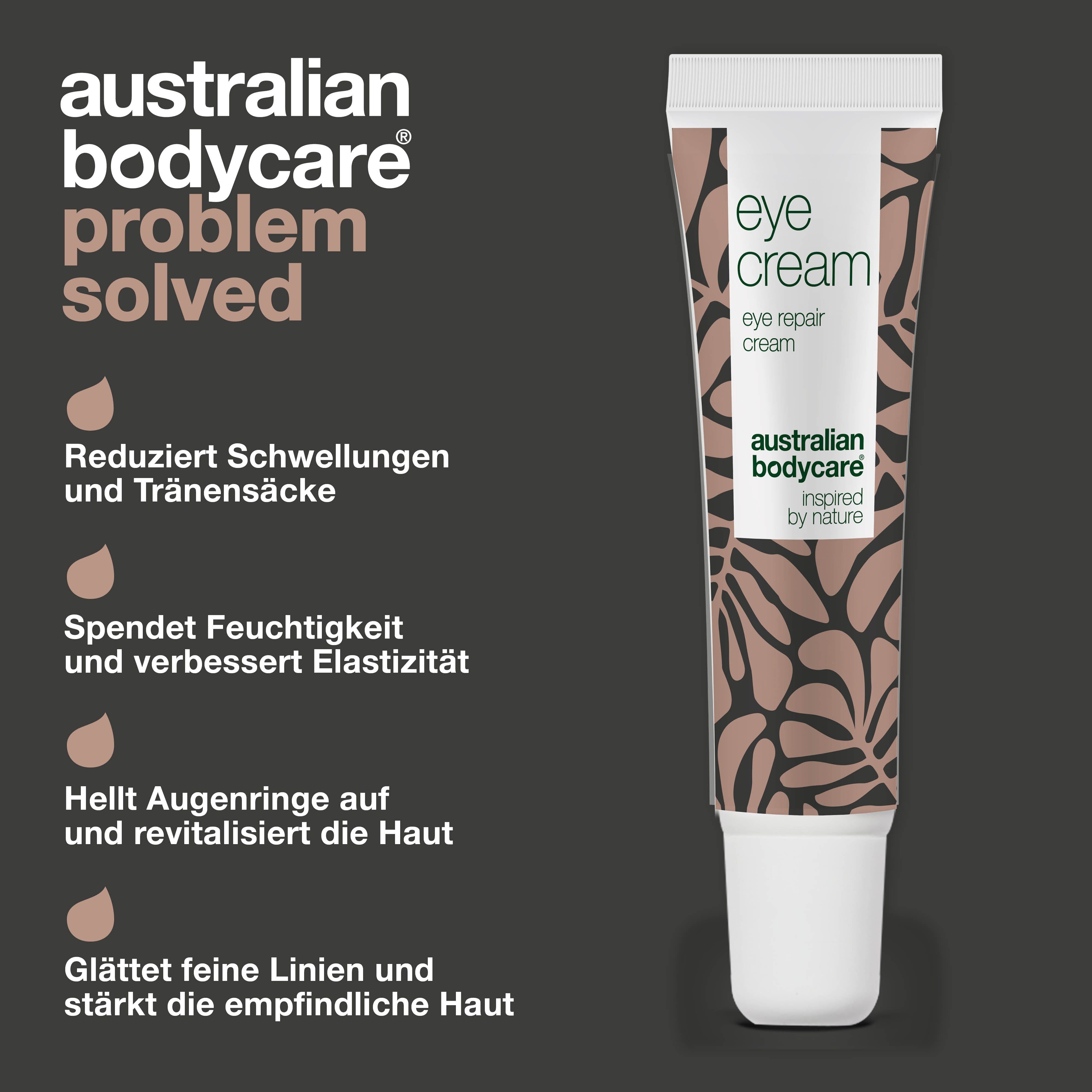 Tube Augencreme. Text: Reduziert Schwellungen, spendet Feuchtigkeit, hellt Augenringe auf, glättet feine Linien.