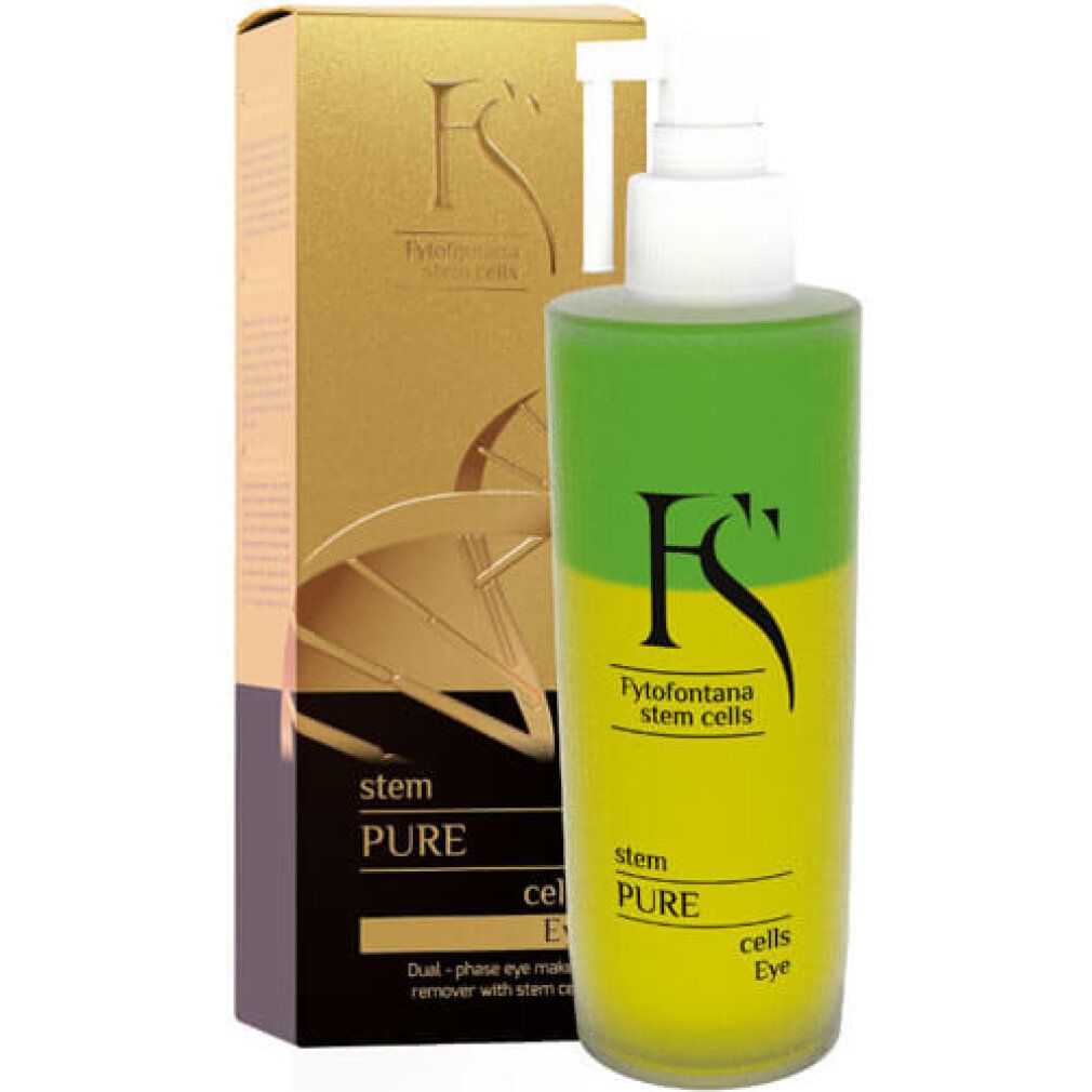 Zweiphasen-Make-up-Entferner mit Pumpe und goldfarbener Verpackung. Aufschrift: Fytofontana stem cells Pure Eye.