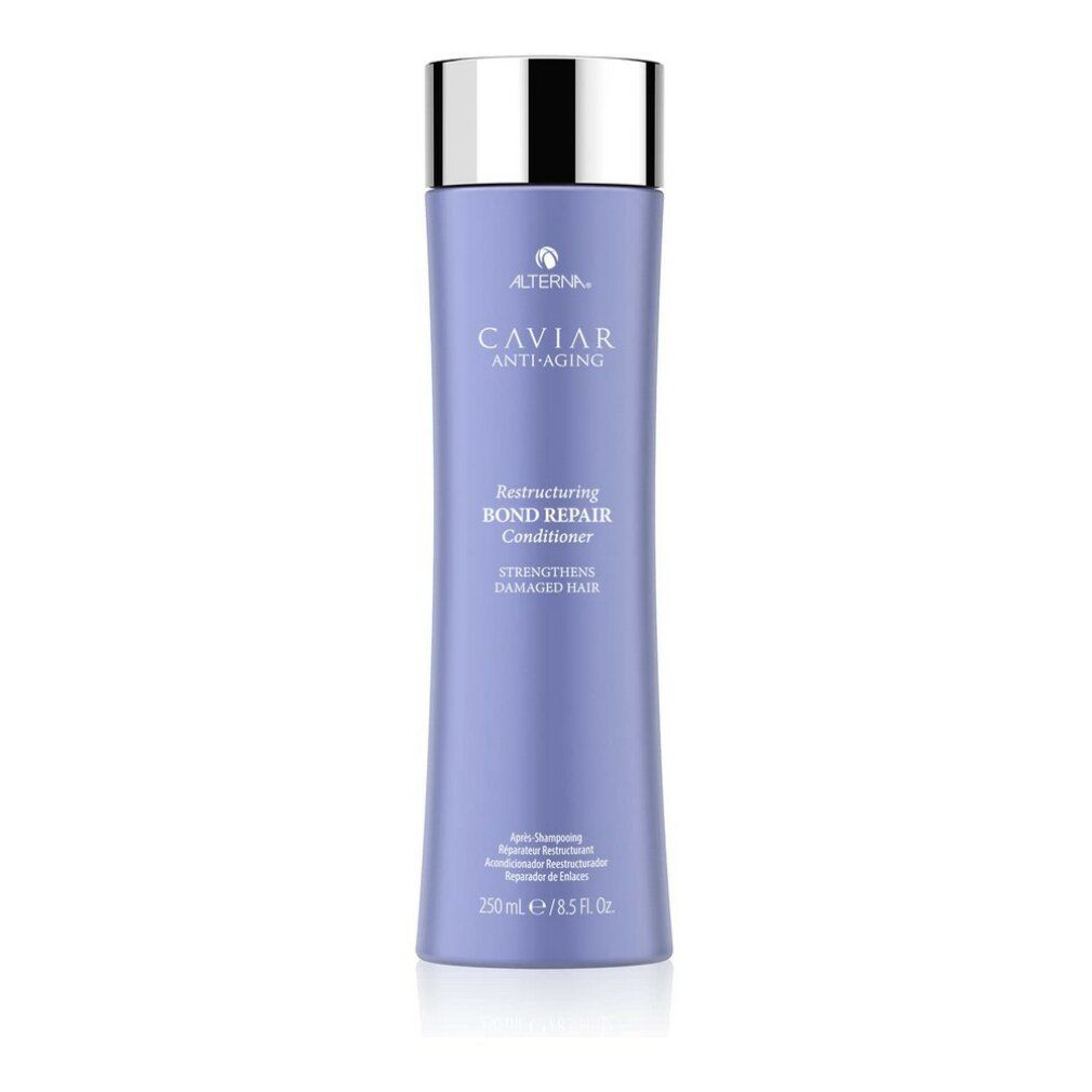 Flasche Conditioner, lila, silberner Deckel. Aufschrift: Alterna Caviar Anti-Aging, Restructuring Bond Repair Conditioner.