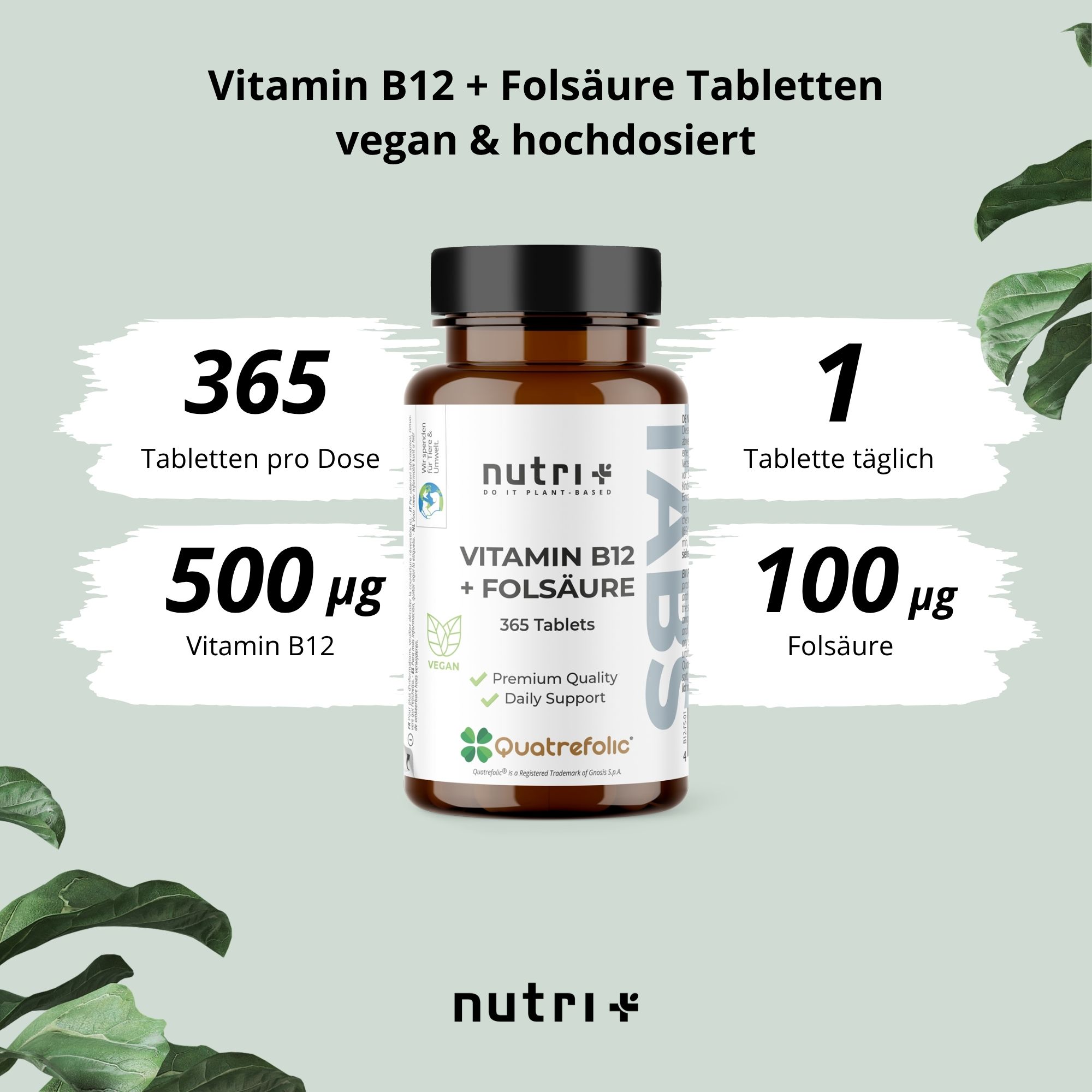 Produktabbildung: nutri+ Vitamin B12 + Folsäure Tabletten. 365 Tabletten, 500 µg Vitamin B12, 100 µg Folsäure. Vegan.