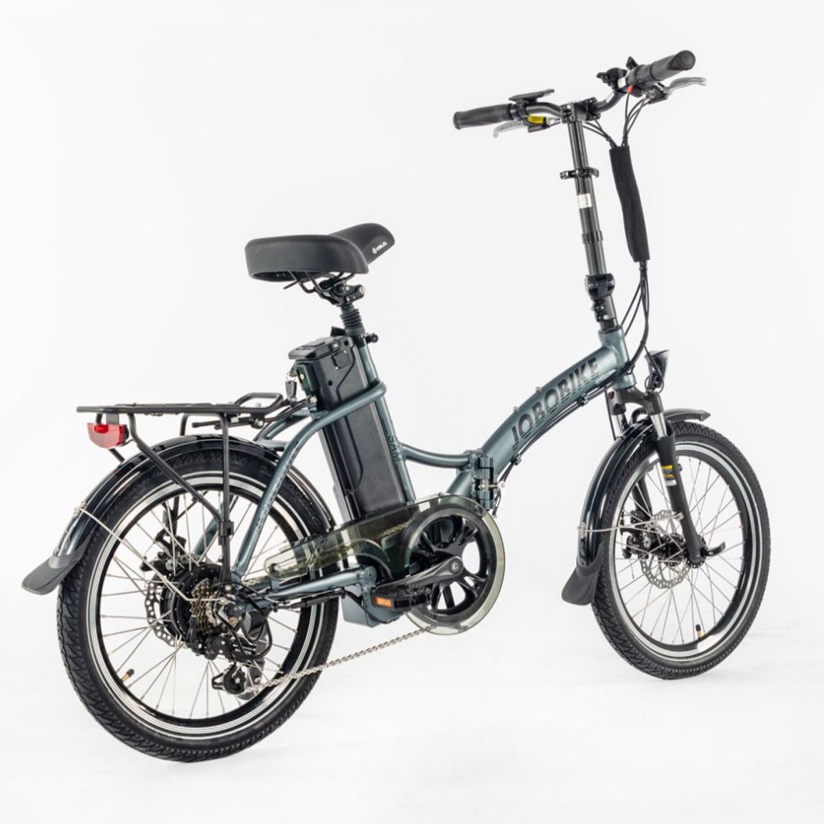 E-Bike JOBOBIKE SAM, grau, mit schwarzem Sattel, Gepäckträger und Akku. Seitenansicht.