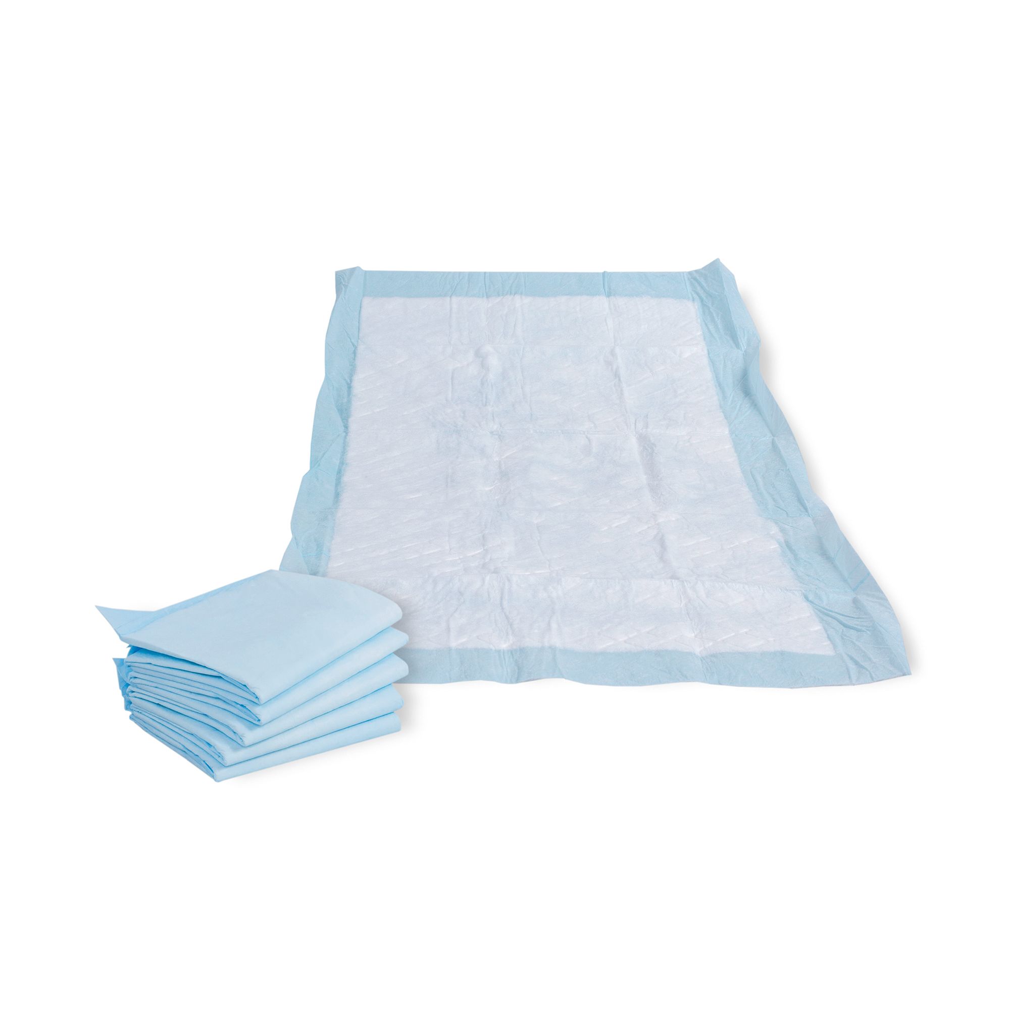 Mehrere blaue Bettunterlagen, teilweise gefaltet, auf weißem Hintergrund. Eine Unterlage ausgebreitet.