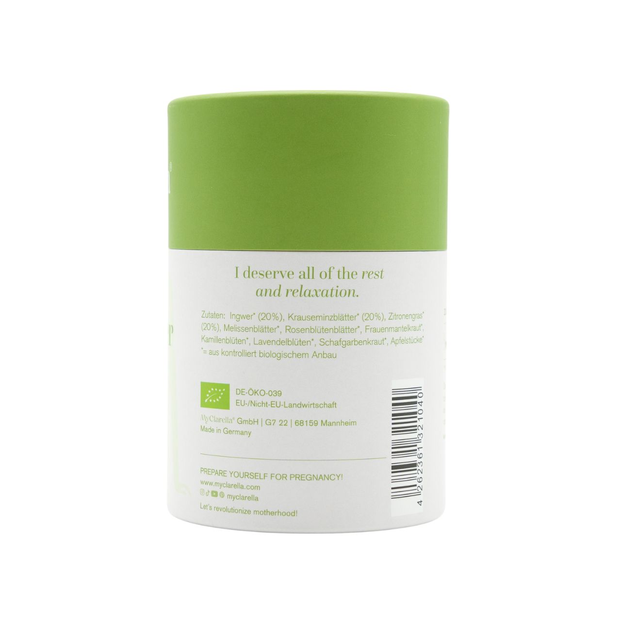 Zylindrische Teeverpackung mit grünem Deckel. Aufschrift: Zutaten, Bio-Siegel, EU-Bio-Logo. Text: Prepare yourself for pregnancy. Hergestellt in Deutschland.