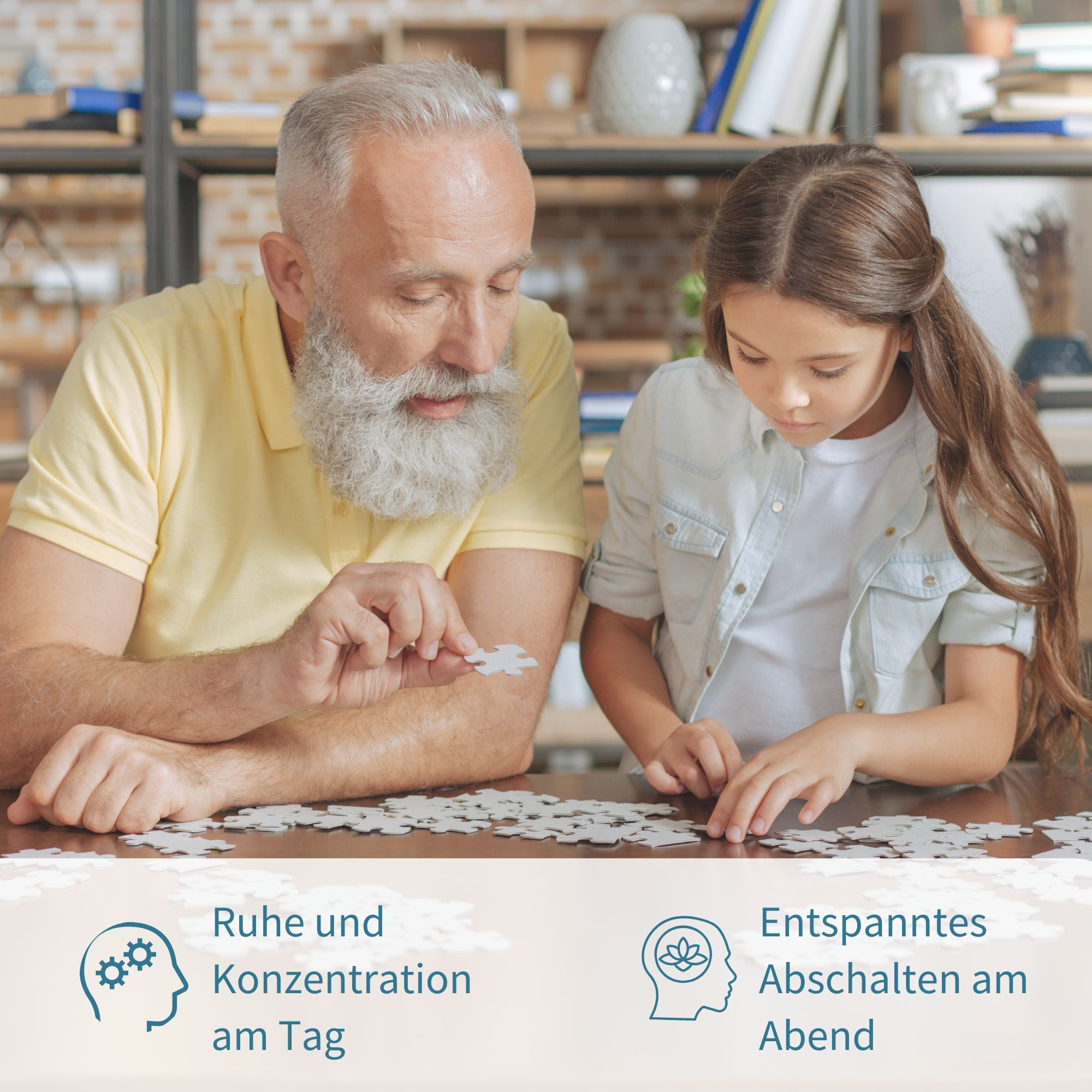Mann und Mädchen spielen Puzzle. Icons zeigen Ruhe, Konzentration und entspanntes Abschalten.