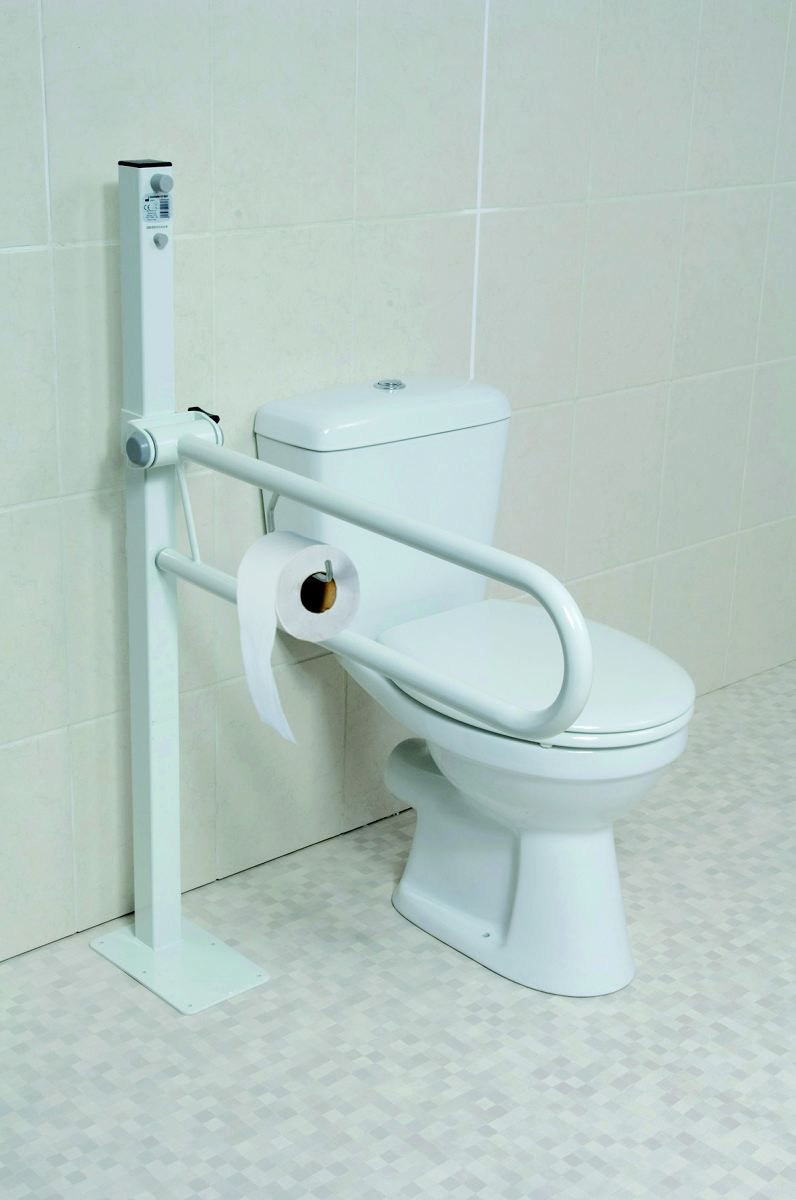 Weißer, klappbarer Haltegriff mit integriertem Toilettenpapierhalter neben einer Toilette. Montiert an einer vertikalen Stütze.