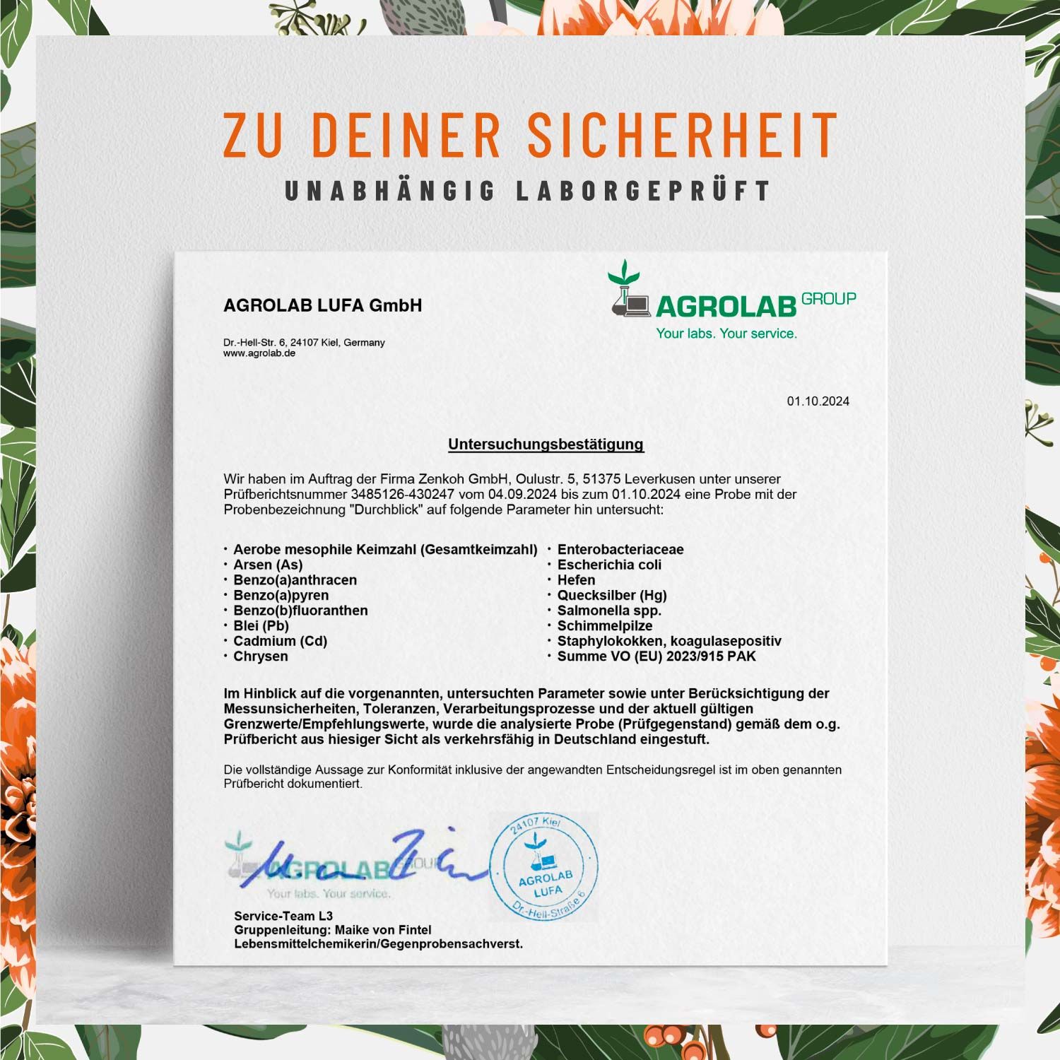 Zertifikat von Agrolab LUFA GmbH. Untersuchungsergebnisse für "Durchblick".