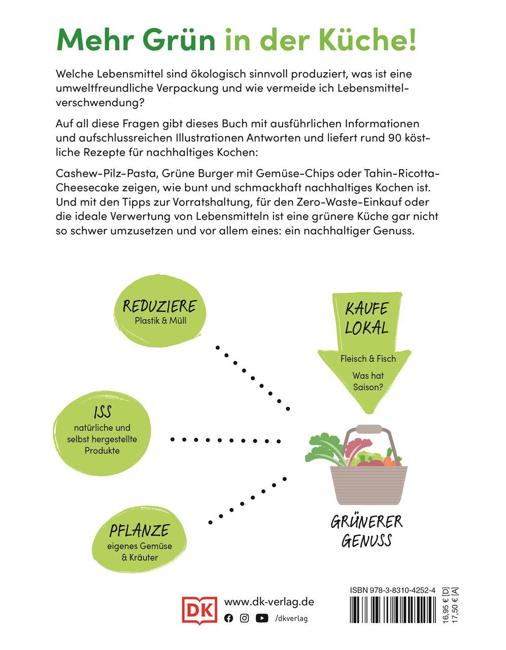 Rückseite des Buches 'Nachhaltig kochen, nachhaltig genießen'. Text und Illustrationen zu nachhaltigem Kochen und Genuss.