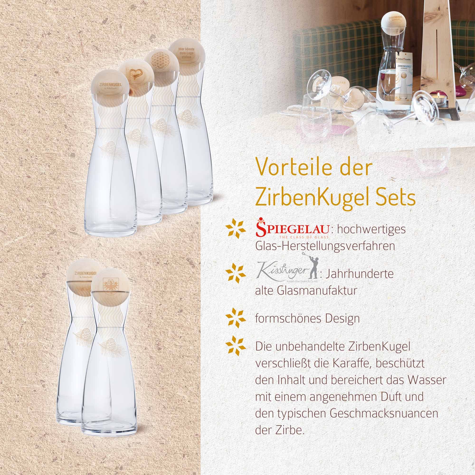 Glaskaraffen mit Zirbenkugeln. Vorteile: hochwertiges Glas, formschönes Design. Zirbenkugel verschließt die Karaffe und bereichert das Wasser.