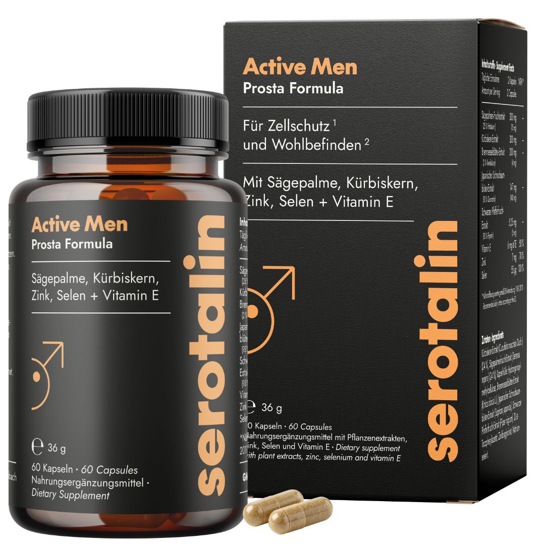 Schwarze Flasche und Schachtel mit Kapseln. Text: serotalin Active Men Prosta Formula. 60 Kapseln.