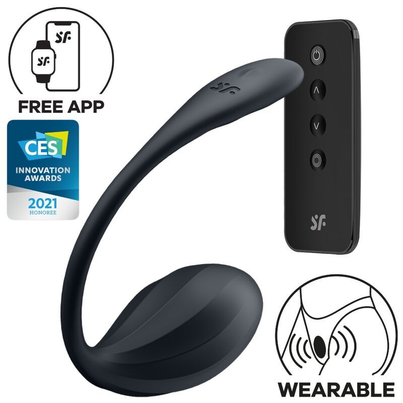 Wellness-Produkt, Fernbedienung, App-Logo, CES-Auszeichnung, Wearable-Symbol. Schwarzes Design.