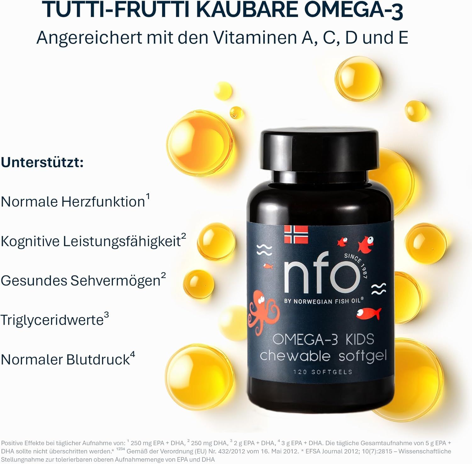 Dunkle Flasche mit blauem Etikett. Aufschrift: Omega-3 Kids, 120 Softgels. Gelbe Softgels und Text.