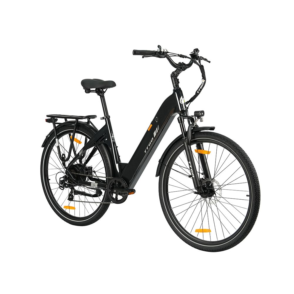 Schwarzes Elektrofahrrad mit Gepäckträger, Schutzblechen und Beleuchtung. TTGO C3 SE.