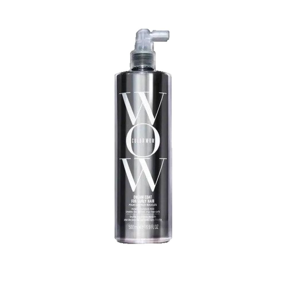 Silberne Flasche mit Sprühkopf. Großes weißes "WOW"-Logo. Text: Dream Coat for Curly Hair. 500ml.
