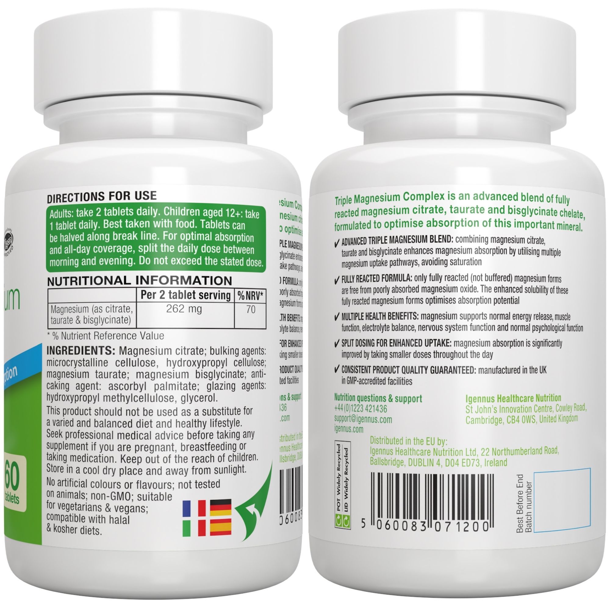 Vorder- und Rückseite eines Igennus Magnesium Complex Behälters mit Etiketteninformationen.