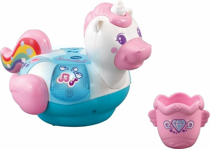Einhorn-Badespielzeug mit rosa Eimer. Das Einhorn ist weiß, rosa und blau. Der Eimer ist rosa mit einem Diamanten-Design.
