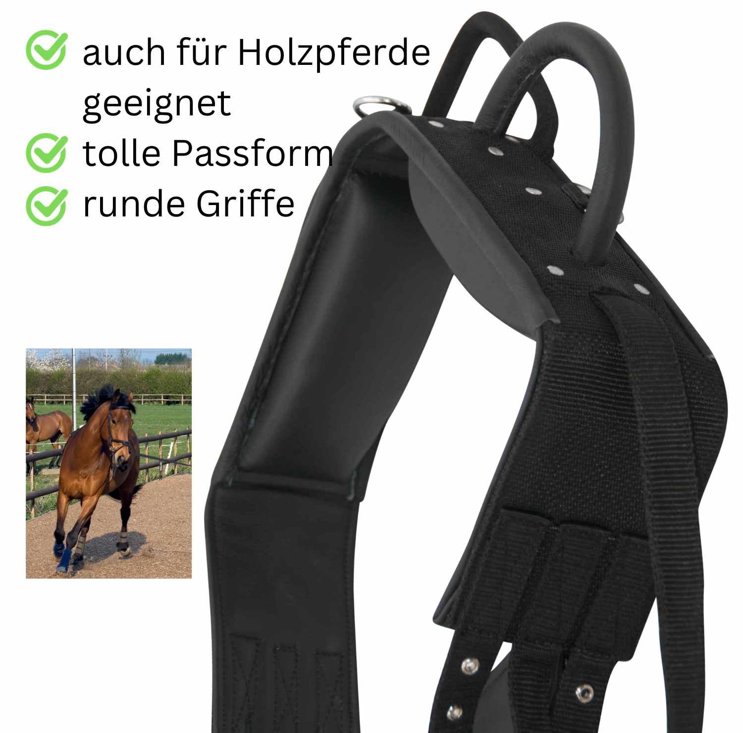 Schwarzer Longiergurt mit Griffen und Ringen. Geeignet für Holzpferde. Runde Griffe. Tolle Passform. Kleines Bild eines Pferdes.