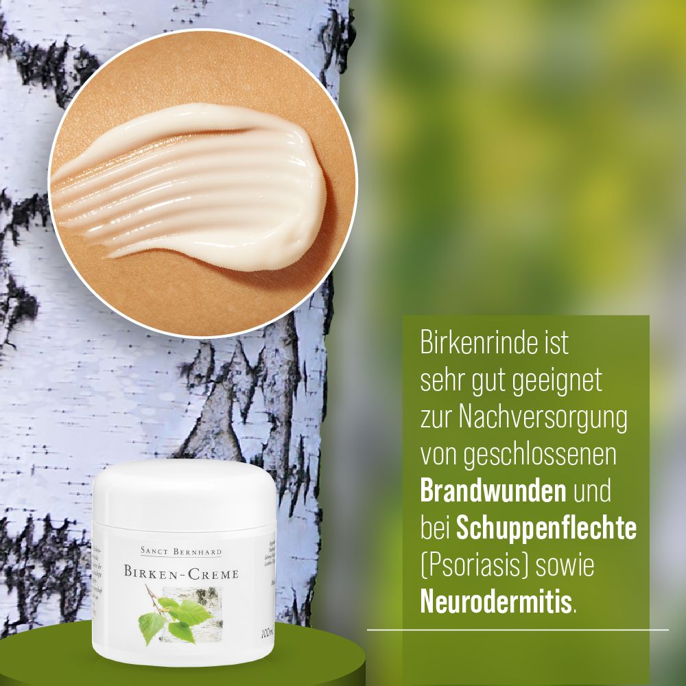 Creme auf Haut aufgetragen, daneben ein Tiegel Birken-Creme und Text über Anwendungsbereiche.