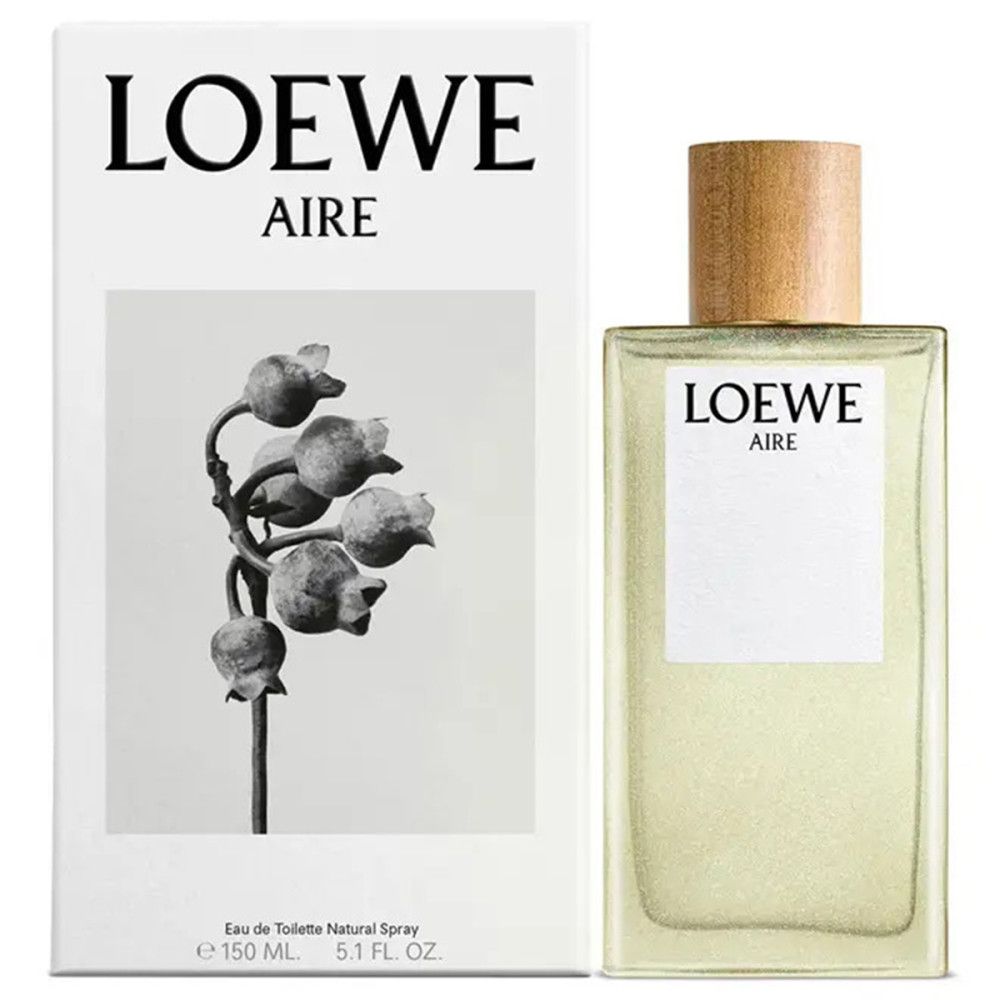 Loewe Aire Eau de Toilette Flakon und Verpackung. Rechteckiger Flakon mit Holzverschluss. Verpackung mit Logo und Bild.