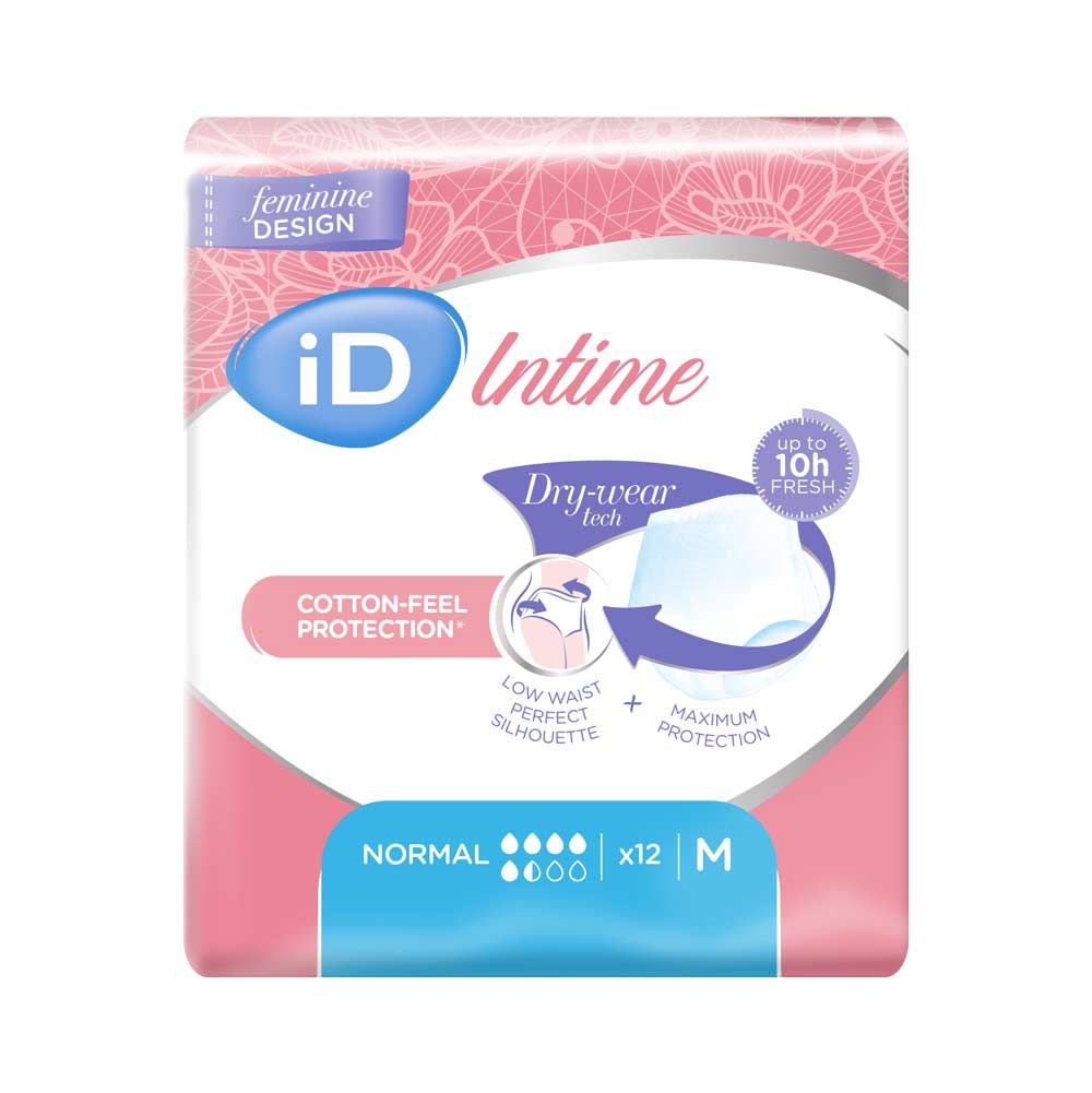 Verpackung mit iD Intime Pants Normal M. Rosa und weiße Verpackung mit Produktlogo und Produktinformationen. Größe M, 12 Stück.