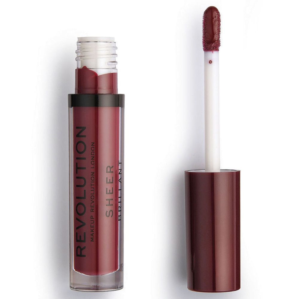 Lipgloss-Flakon, geöffnet. Farbloser Behälter mit dunkelrotem Inhalt. Applikator mit dunkelroter Farbe. Aufschrift: REVOLUTION SHEER BRILLIANT.