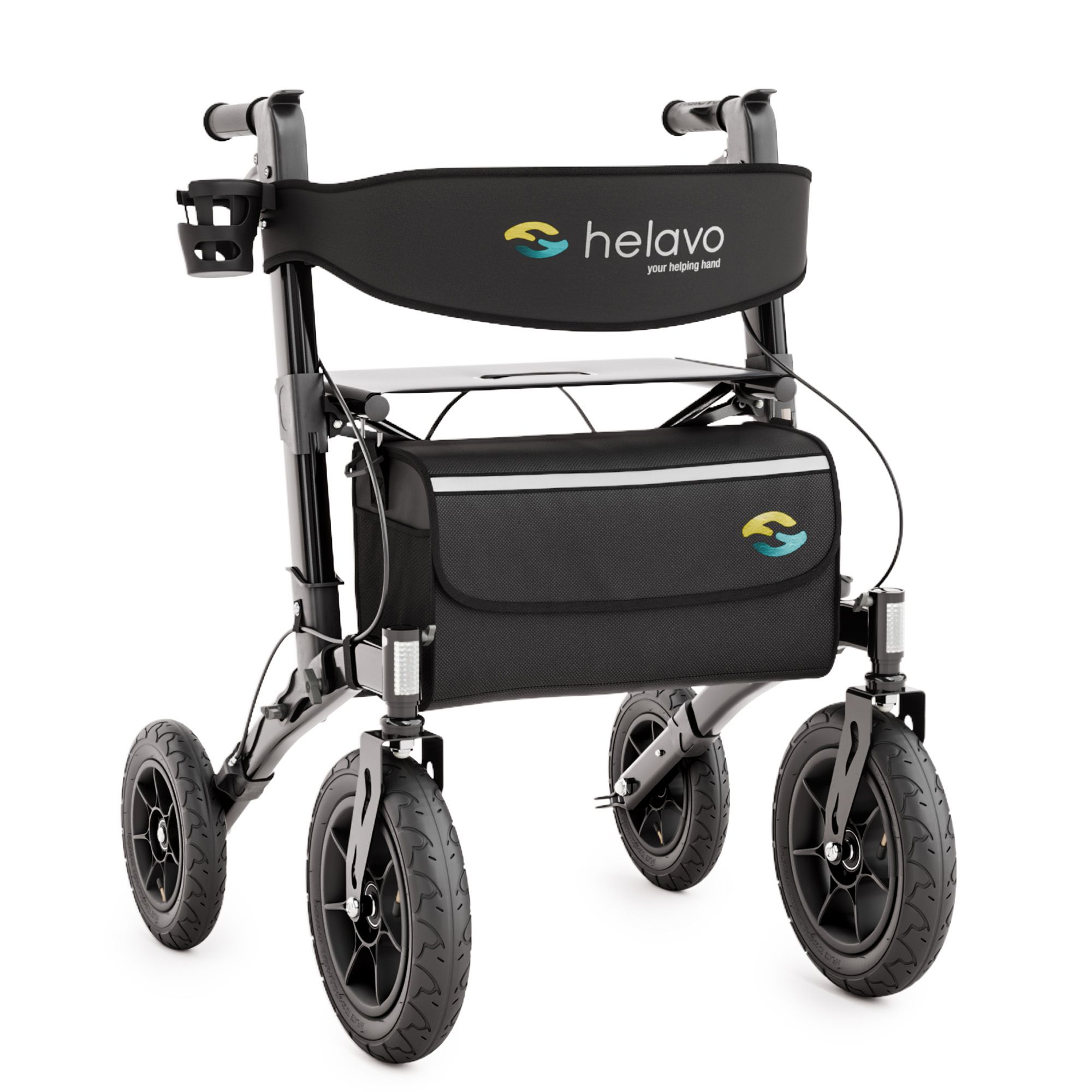 Faltbarer schwarzer Rollator mit Sitz, Rückenlehne, Tasche und Becherhalter.