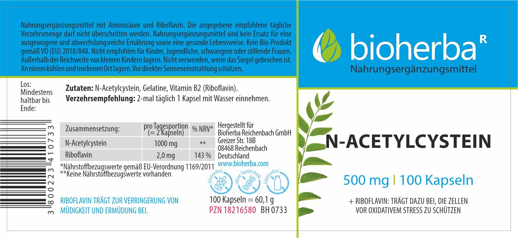 Etikett mit Produktinformationen. Enthält N-Acetylcystein, Vitamin B2. Marke: Bioherba. 100 Kapseln. Text in deutscher Sprache.