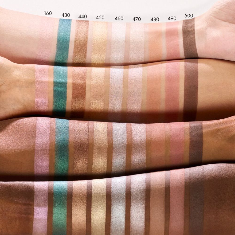 Arme mit verschiedenen Lidschattenfarben. Die Farben sind auf der Haut aufgetragen und nummeriert. Verschiedene Hauttöne.